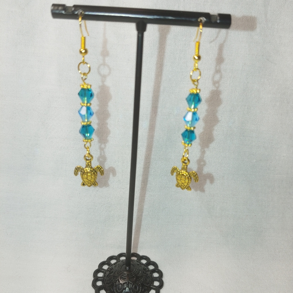 Gold Turtle & Crystal Earrings